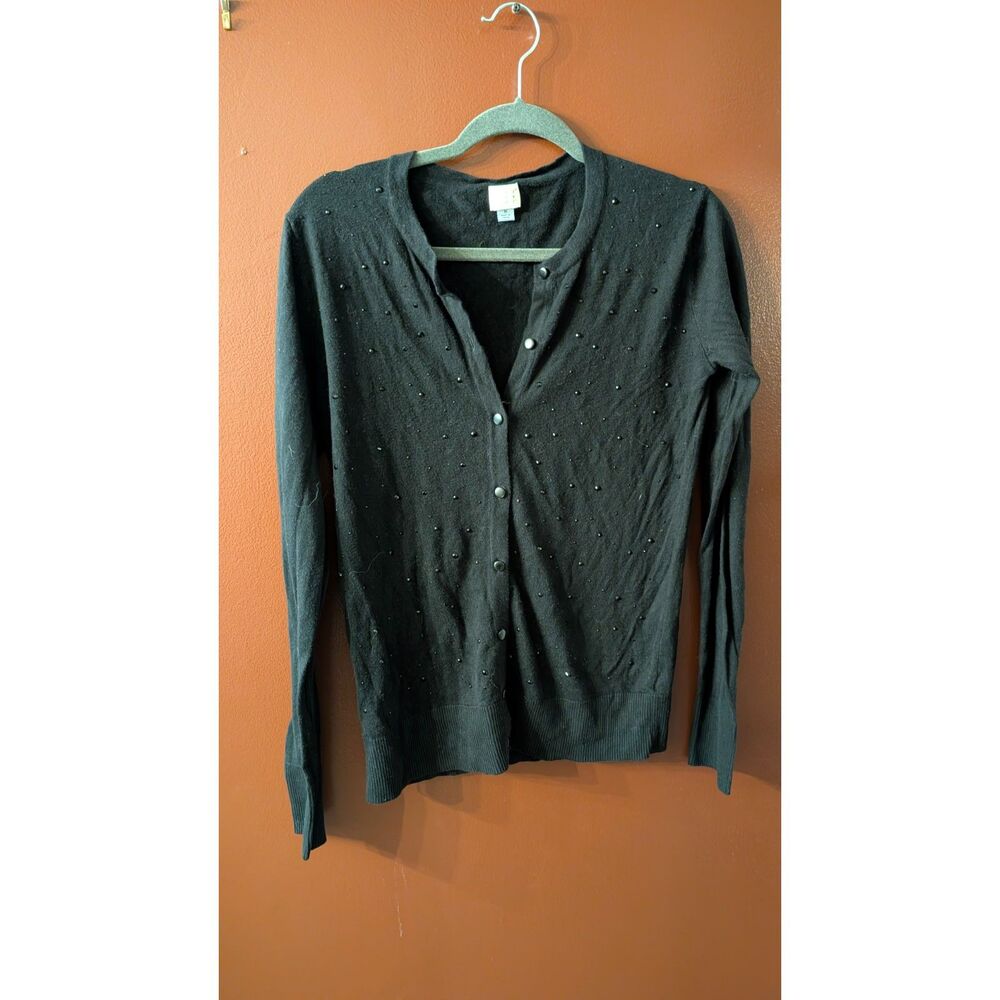 Black Beaded Pearl Studded Cardigan Sweater M Dark Academia